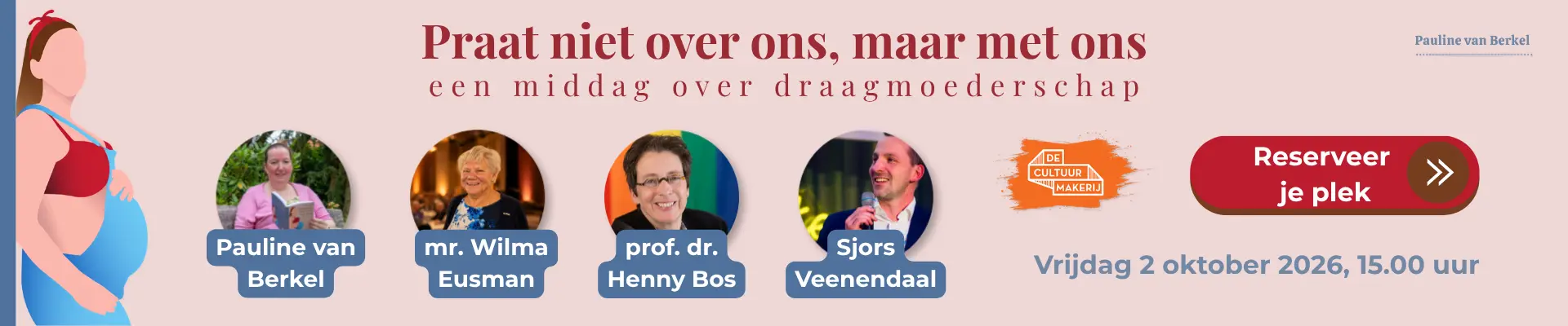 Banner met de aankondiging van de boekpresentatie van Pauline van Berkel. Het evenement "Praat niet over ons maar met ons" is op 2 oktober en gratis te bezoeken. Klik op de banner voor een reservering.