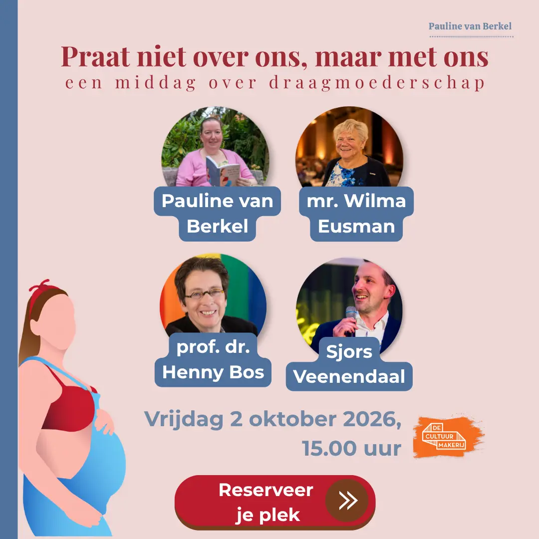 Banner met de aankondiging van de boekpresentatie van Pauline van Berkel. Het evenement "Praat niet over ons maar met ons" is op 2 oktober en gratis te bezoeken. Klik op de banner voor een reservering.